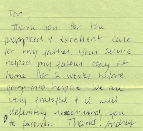 Handwritten note from Andrew
