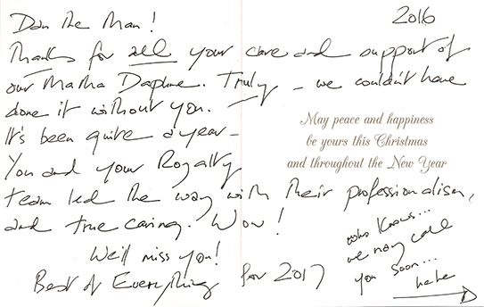 Handwritten note from Daphne's Family