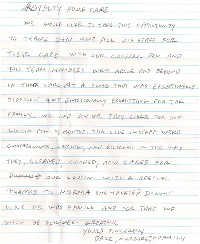 Handwritten note from Dave, Margaret & Family