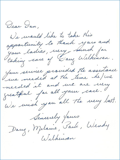 Handwritten note from Doug, Melanie, Paul & Wendy