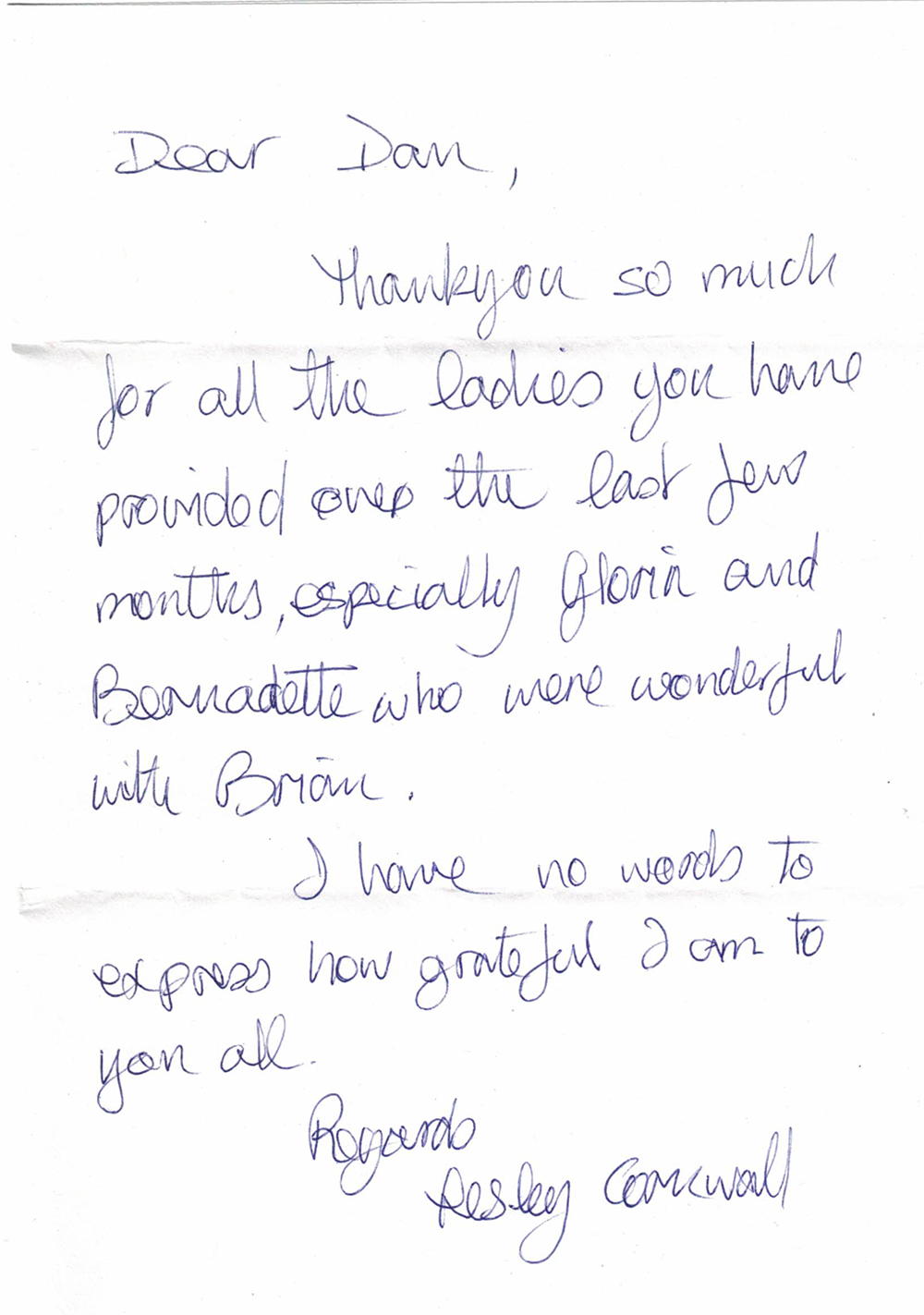 Handwritten note from Lesley