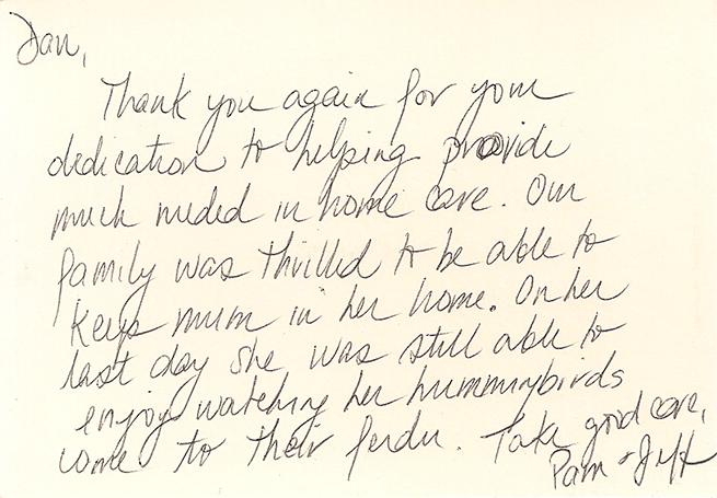 Handwritten note from Pam & Alf