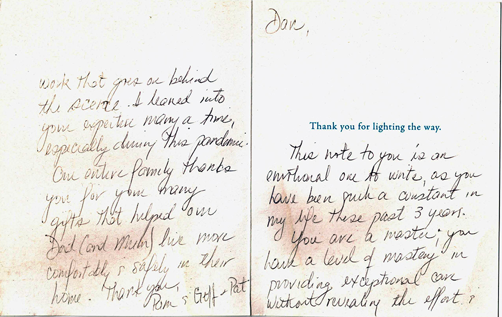 Handwritten note from Ron & Gigi + Pat