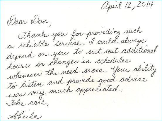 Handwritten note from Sheila